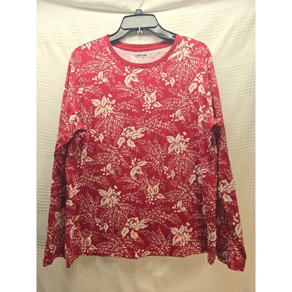 Lands End Womens Relaxed Fit Red Floral Long Sleeve T-Shirt Size Large 14-16